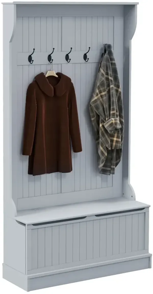 HOMCOM 38" 3-In-1 Entryway Hall Tree with Storage Bench, Coat Rack with Four Hooks and Shoe Storage, Gray