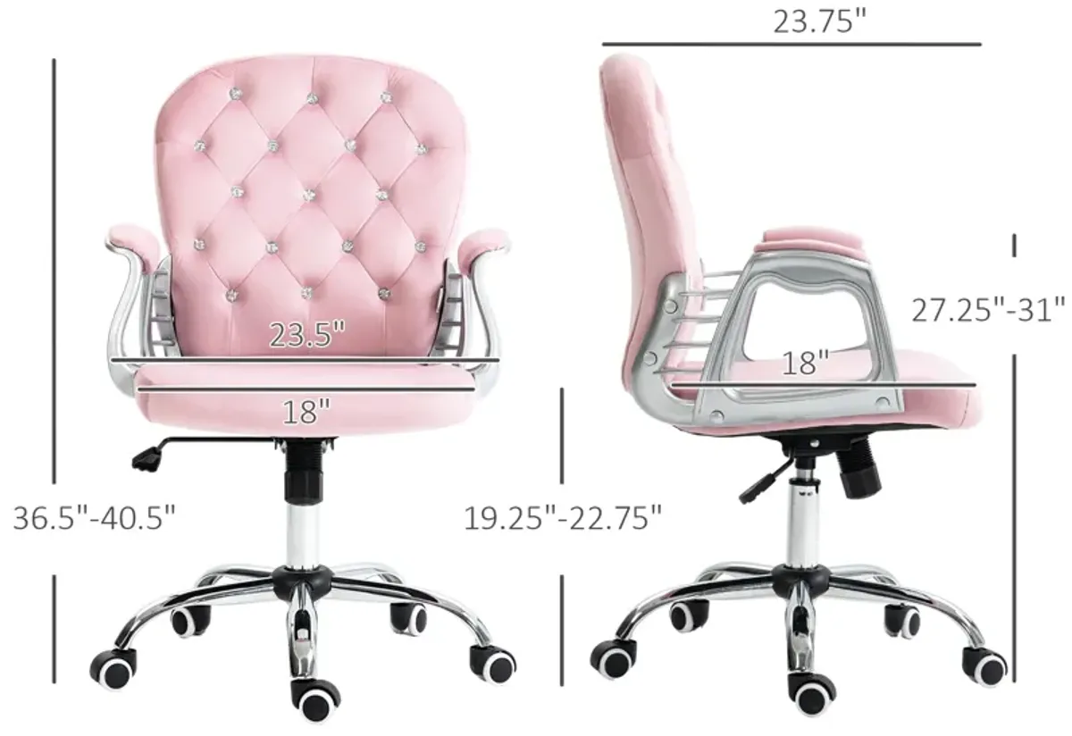 Velvet Home Office Chair, Button Tufted Desk Chair with Padded Armrests, Adjustable Height and Swivel Wheels, Pink