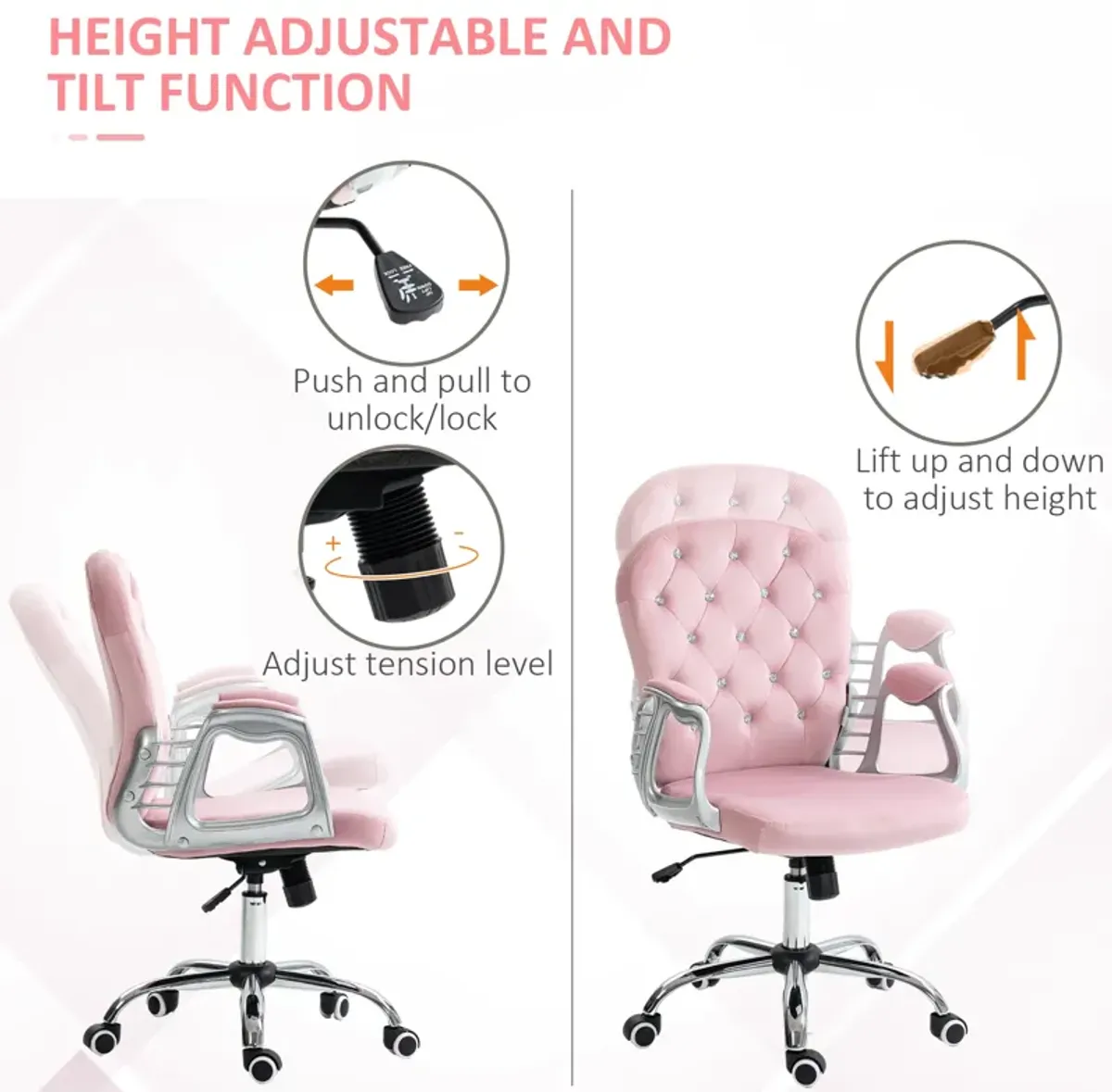 Velvet Home Office Chair, Button Tufted Desk Chair with Padded Armrests, Adjustable Height and Swivel Wheels, Pink