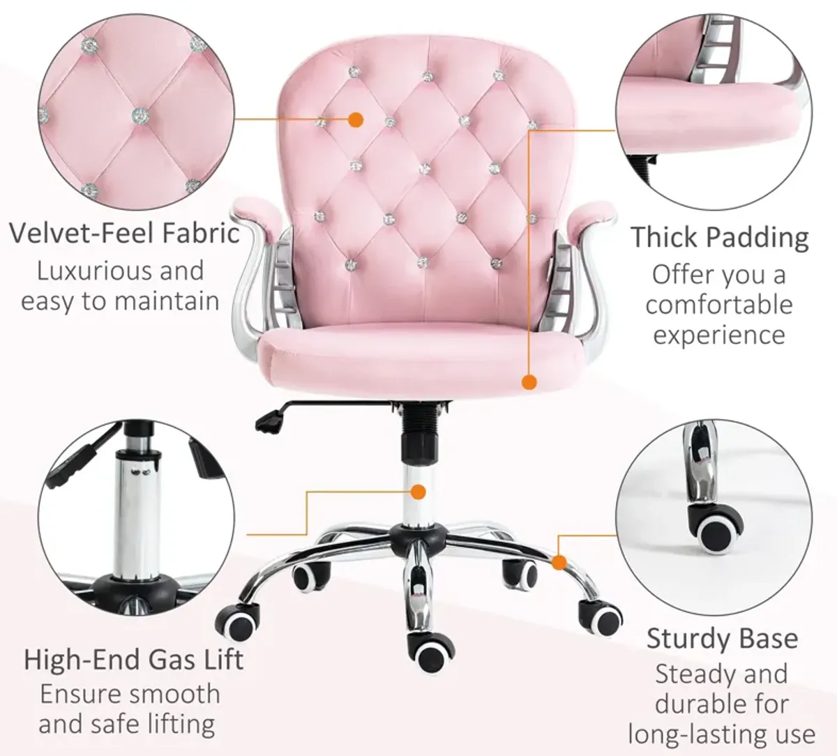 Velvet Home Office Chair, Button Tufted Desk Chair with Padded Armrests, Adjustable Height and Swivel Wheels, Pink