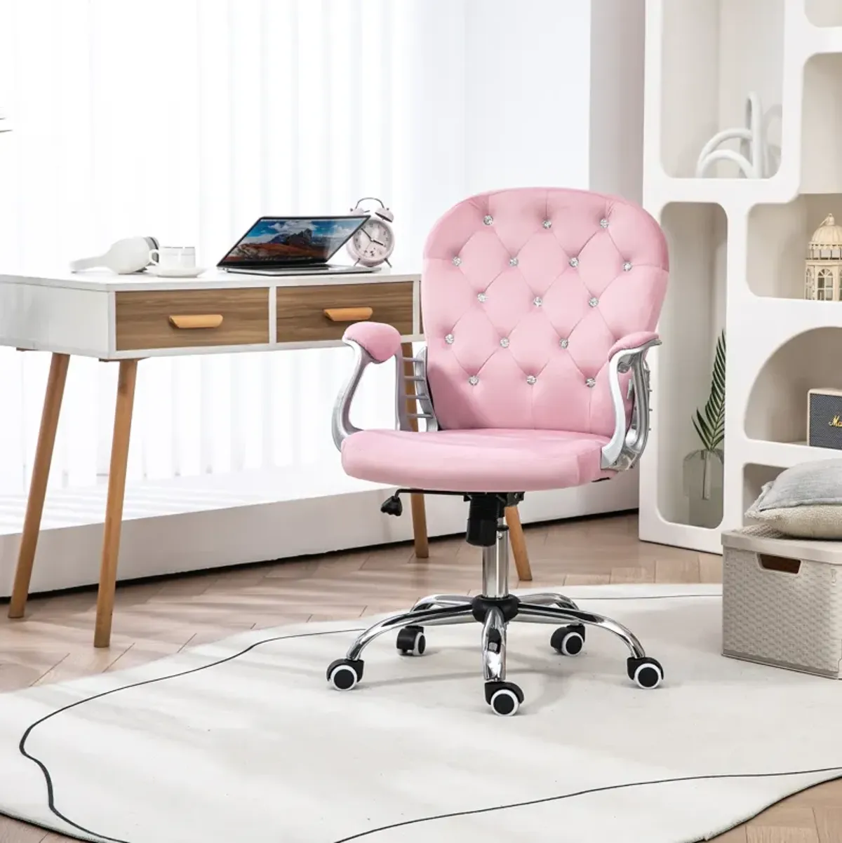 Velvet Home Office Chair, Button Tufted Desk Chair with Padded Armrests, Adjustable Height and Swivel Wheels, Pink