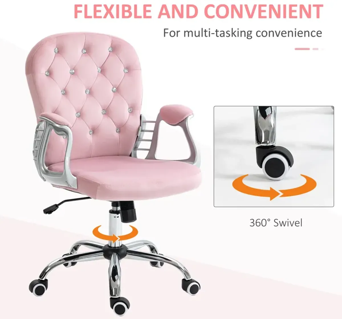 Velvet Home Office Chair, Button Tufted Desk Chair with Padded Armrests, Adjustable Height and Swivel Wheels, Pink