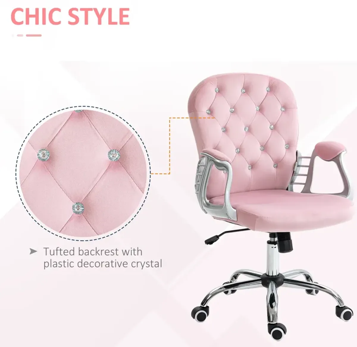 Velvet Home Office Chair, Button Tufted Desk Chair with Padded Armrests, Adjustable Height and Swivel Wheels, Pink