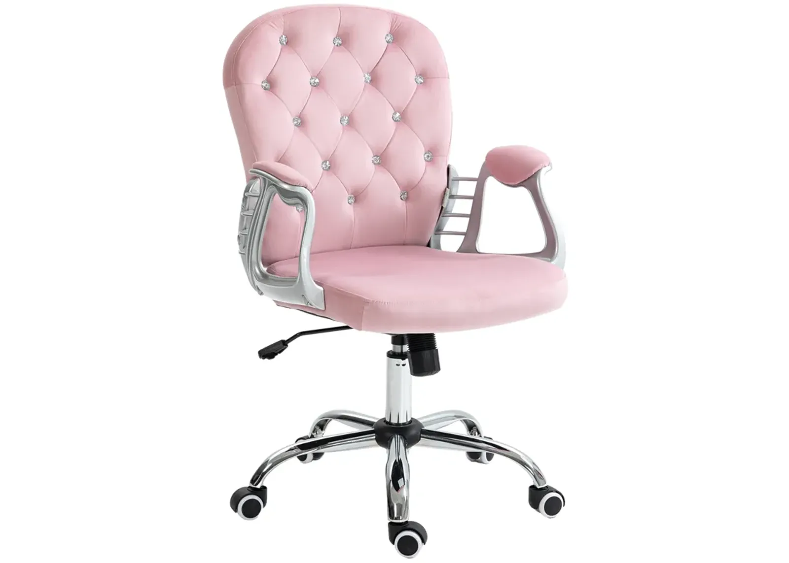 Velvet Home Office Chair, Button Tufted Desk Chair with Padded Armrests, Adjustable Height and Swivel Wheels, Pink