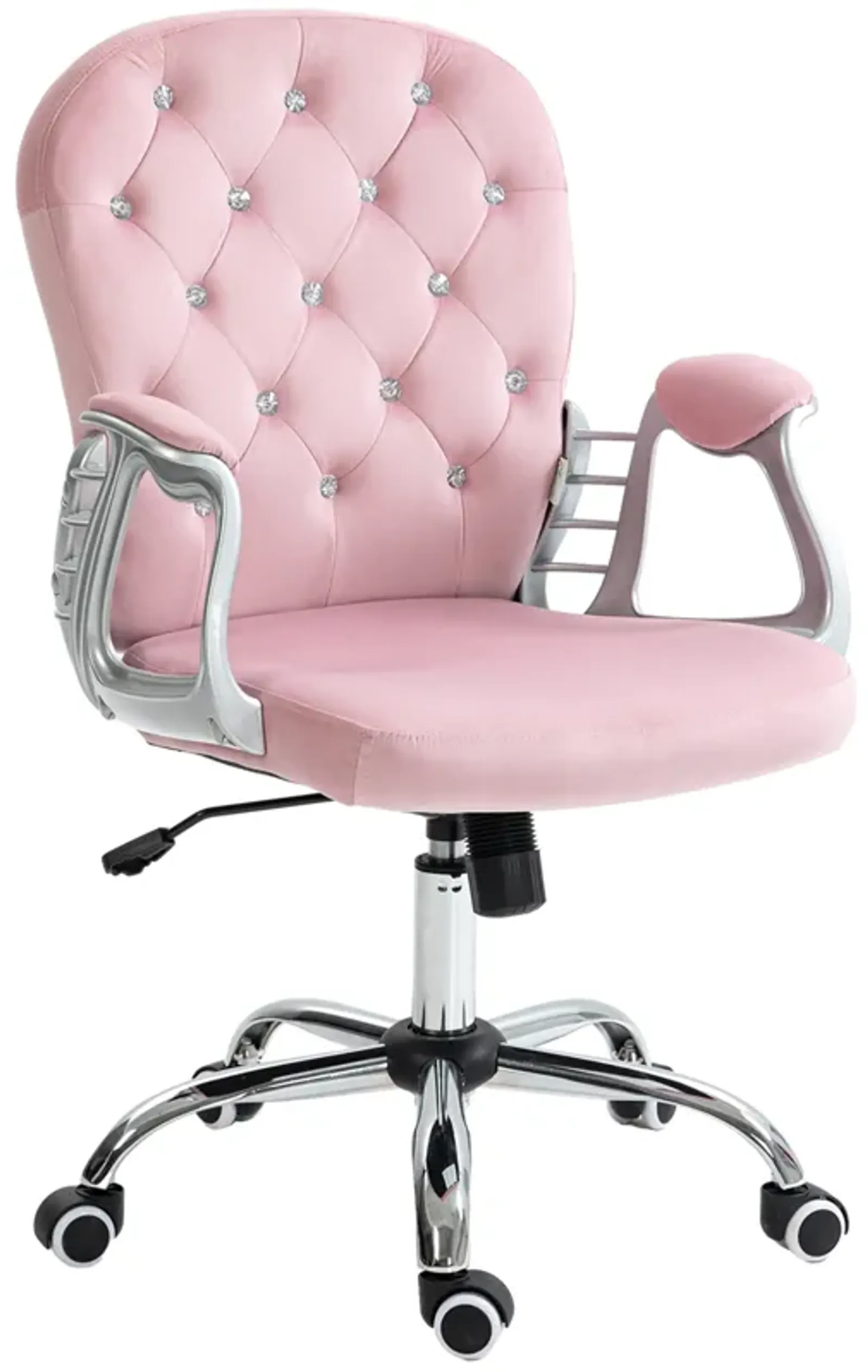 Velvet Home Office Chair, Button Tufted Desk Chair with Padded Armrests, Adjustable Height and Swivel Wheels, Pink