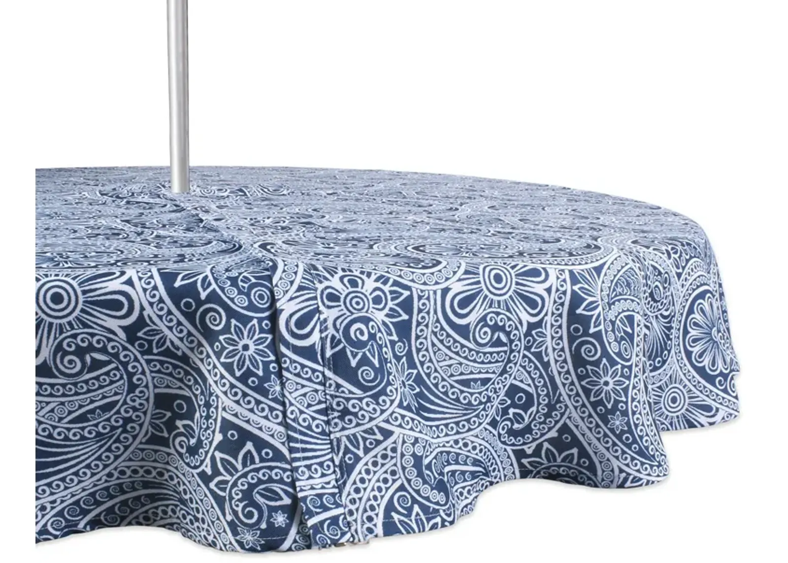 60" Zippered Round Outdoor Tablecloth with Printed Blue Paisley Design