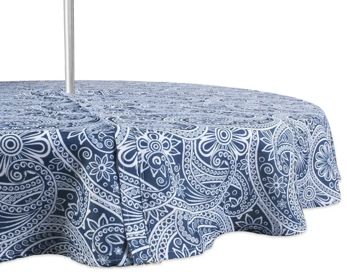 60" Zippered Round Outdoor Tablecloth with Printed Blue Paisley Design