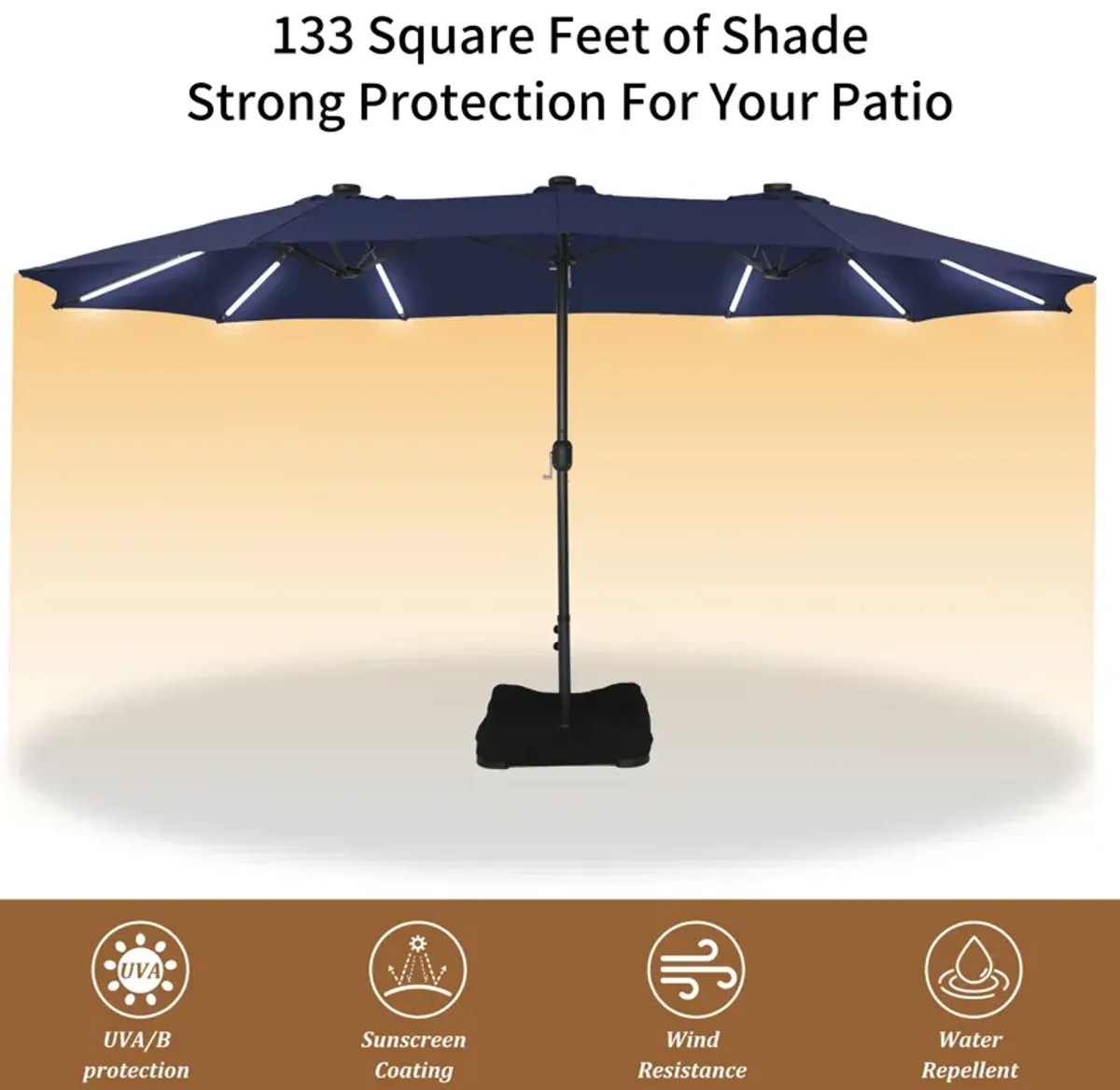 CASAINC 15ft Rectangular Double-Sided Solar LED Strip Lights Outdoor Patio Market Umbrella with Base Included