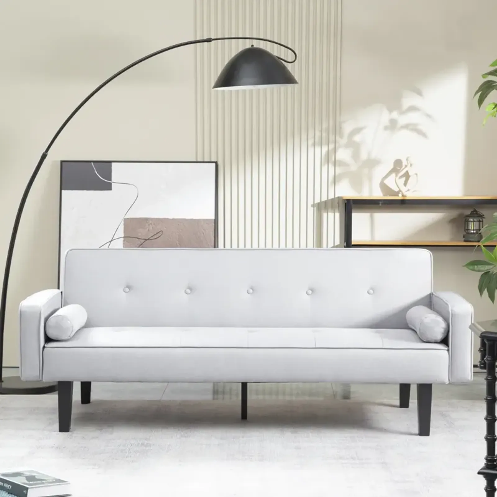 Modern Linen Futon Sofa Bed with Armrests