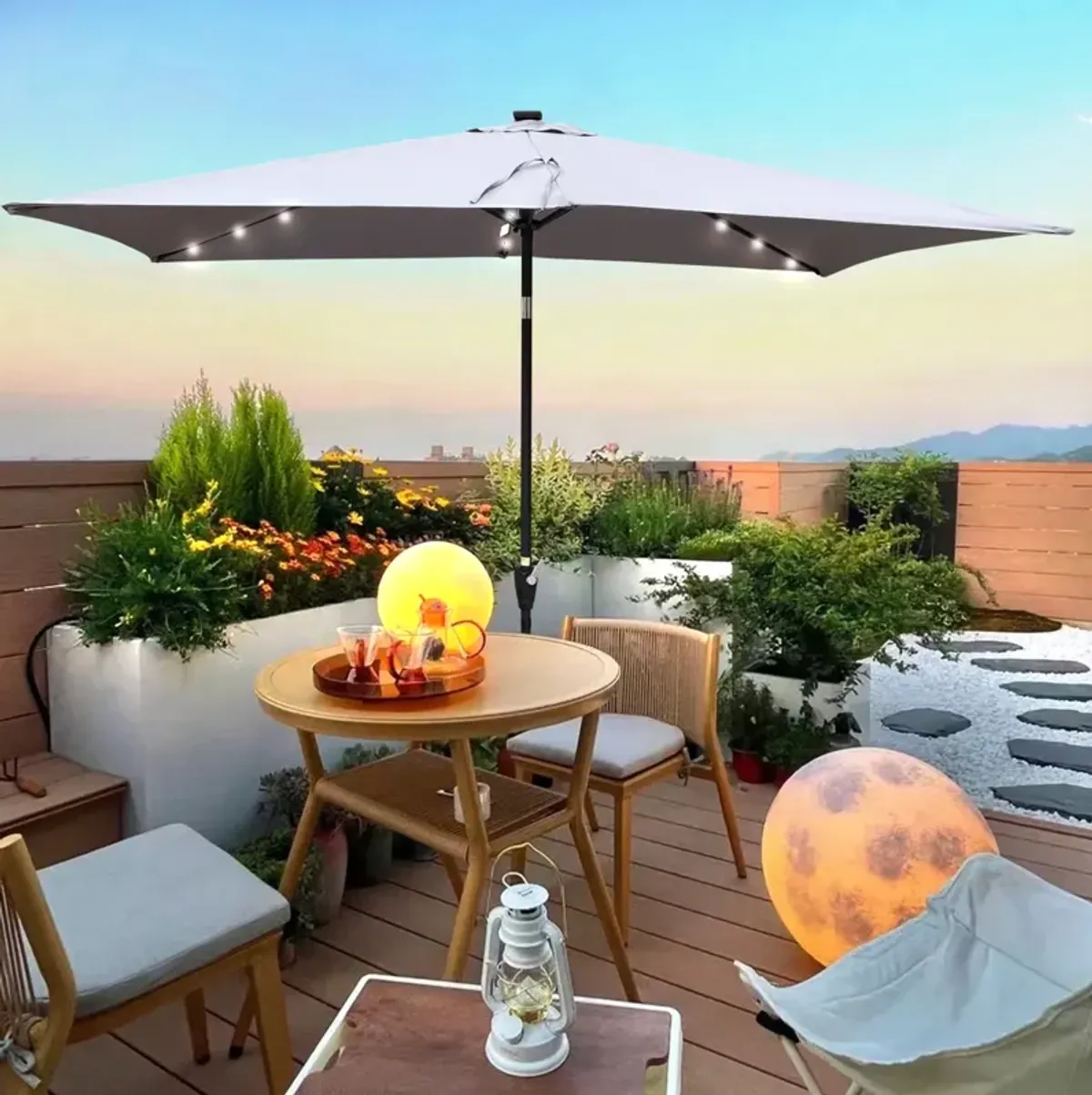 10 X 6.5FT Rectangular Patio Solar LED Lighted Outdoor Umbrellas With Crank And Push Button