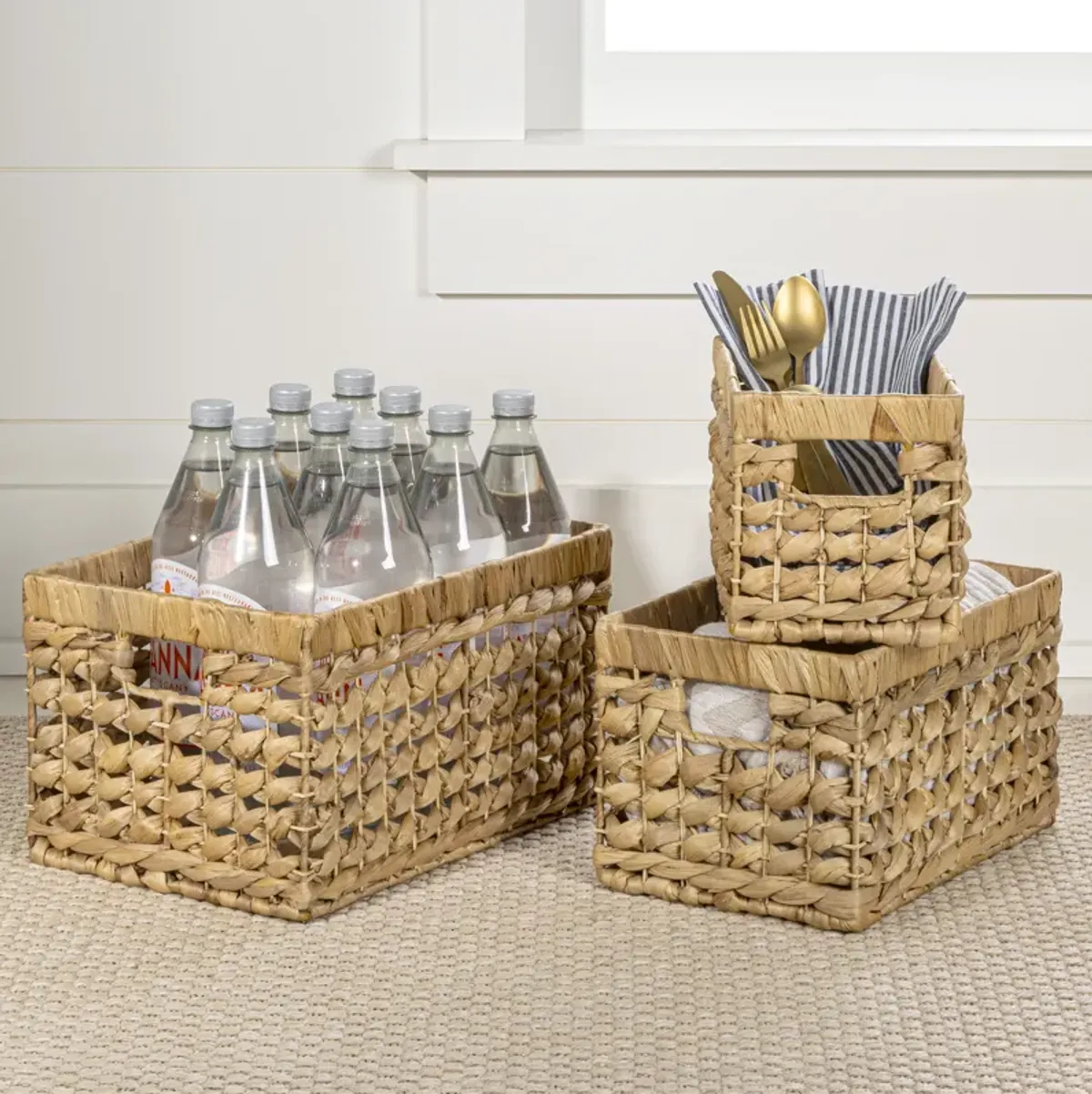 Hayden Bohemian Cottage Handwoven Hyacinth Rectangular Nesting Baskets with Handles