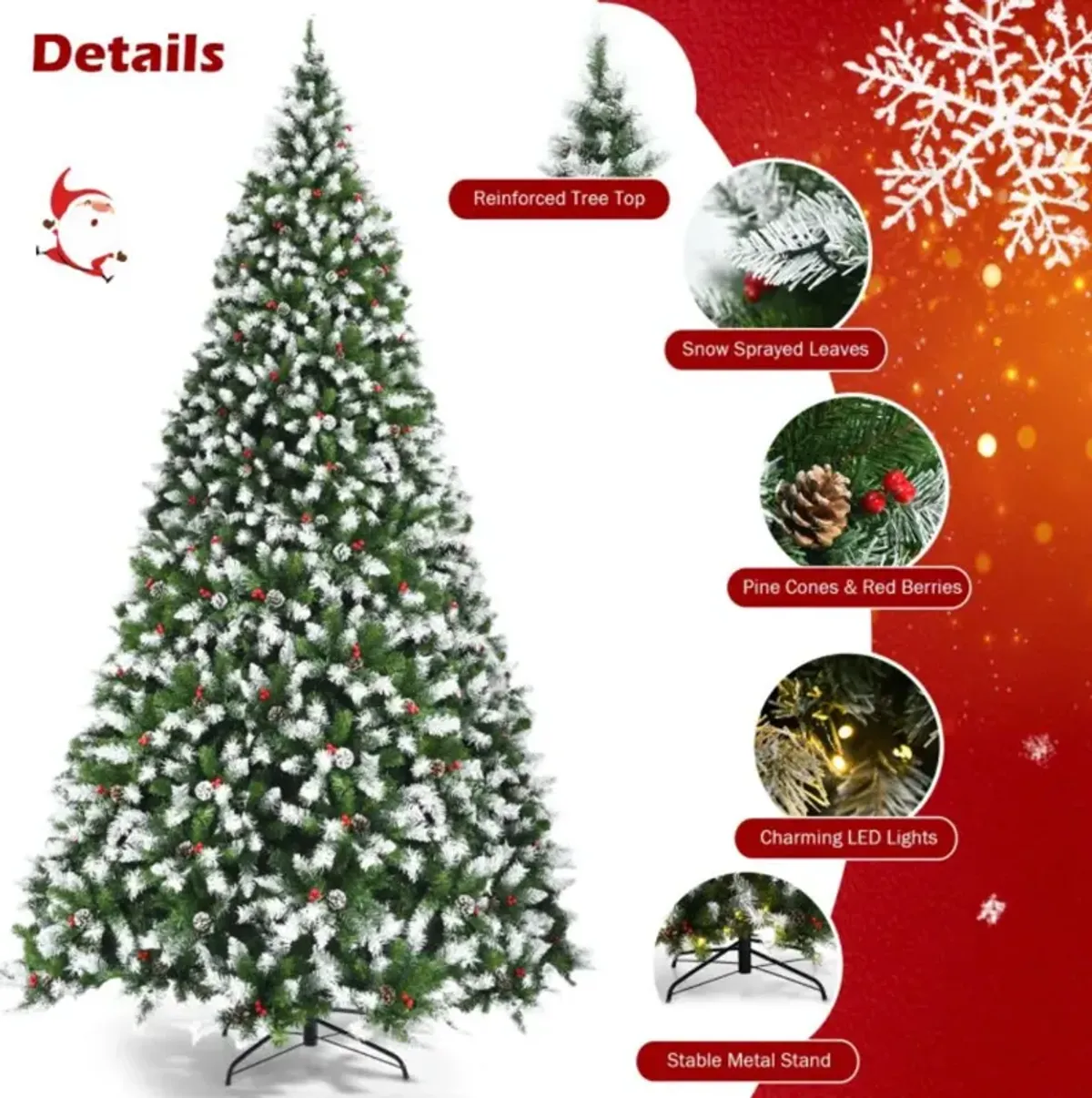 Hivvago 7.5/9 FT Pre-lit Snow Flocked Christmas Tree with Red Berries and 8 Lighting Modes