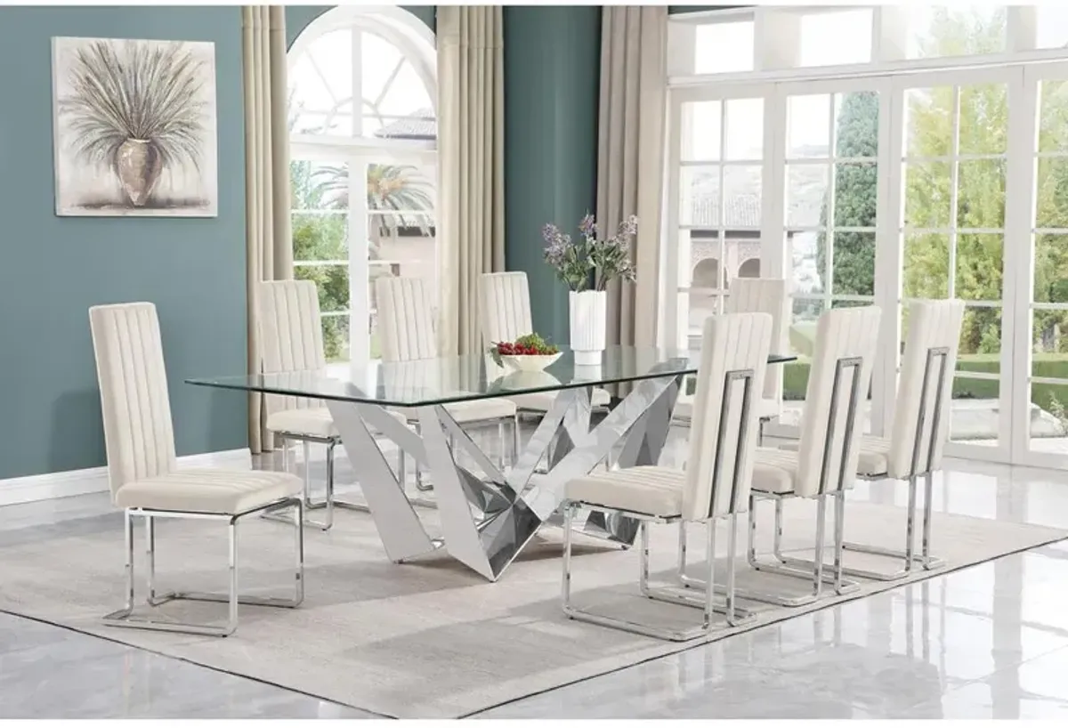 9pc Large(94") glass top dining set with silver base and 8 Cream side chairs