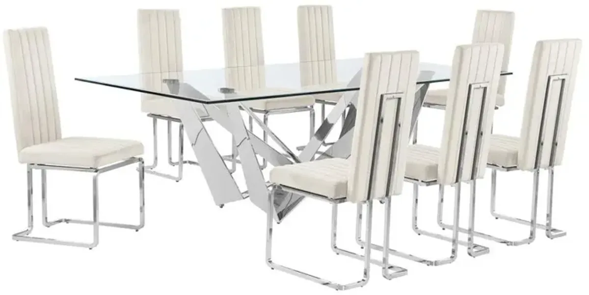 9pc Large(94") glass top dining set with silver base and 8 Cream side chairs