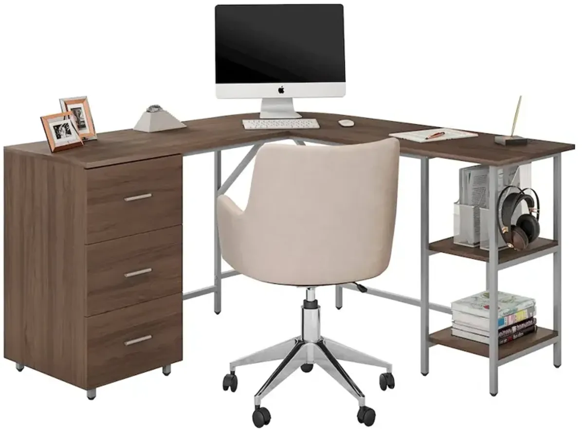 Techni Mobili L-Shape Home Office Two Tone Desk with Storage, Walnut