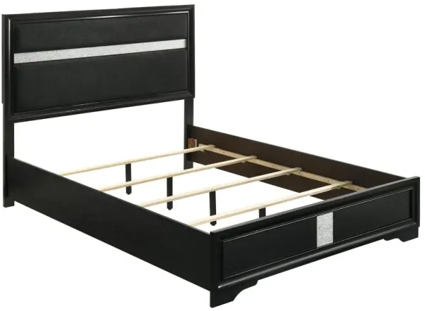 Vino Queen Size Bed, Panel Headboard, Black Upholstery, Glitter Stripe - Benzara