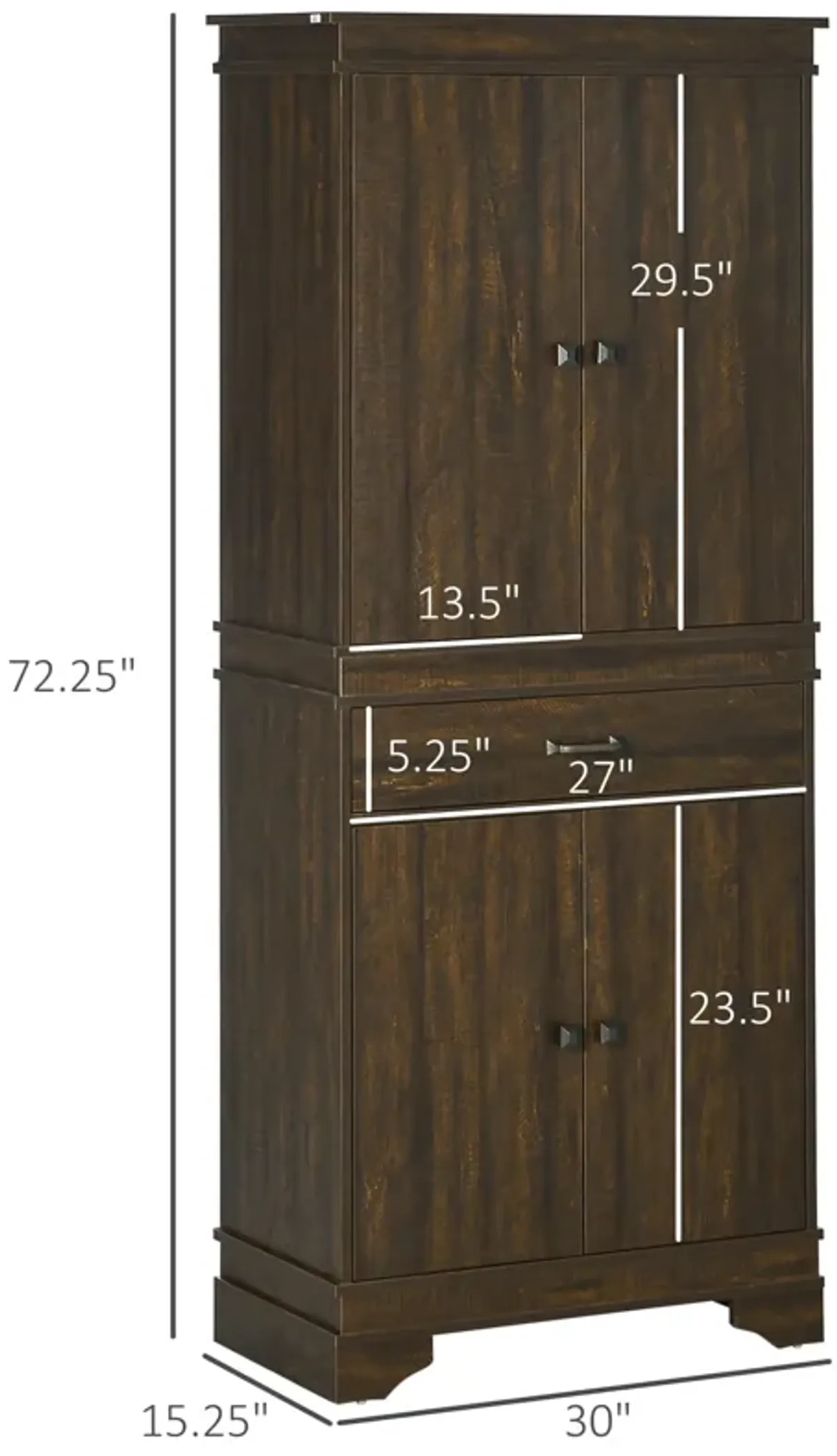 Walnut Kitchen Organizer: 72" Farmhouse Pantry Cabinet with Drawers