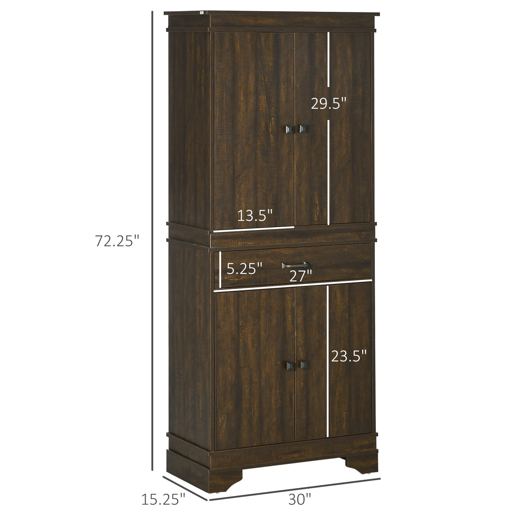 Walnut Kitchen Organizer: 72" Farmhouse Pantry Cabinet with Drawers