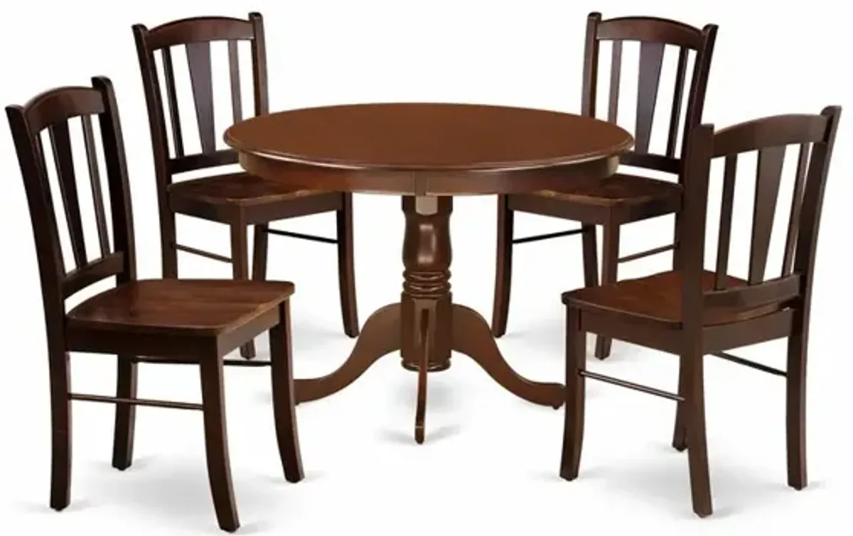 HLDL5-MAH-W - 5-Pc Kitchen Dining Room Set- 4 Kitchen Chair and Modern Kitchen Table - Wooden Seat and Slatted Chair Back - Mahogany Finish
