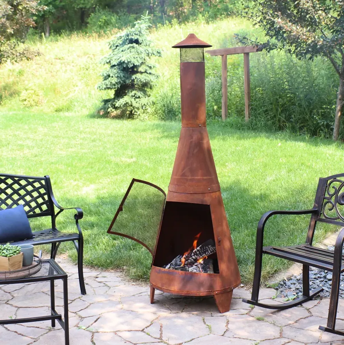 Sunnydaze 70 in Steel Wood Burning Chiminea Fire Pit with Rain Cap - Rustic