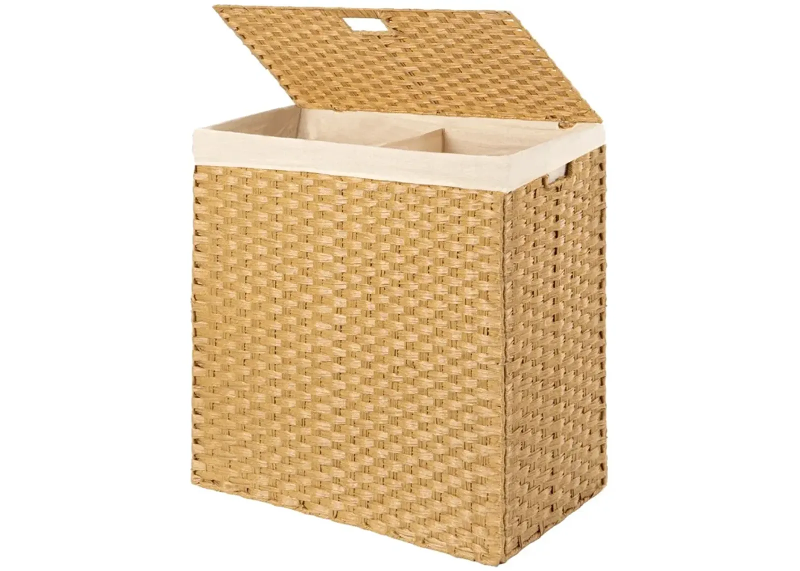 Hivvago Folding 2-Bin Natural PE Wicker Linen Liner Laundry Hamper w/ Handles