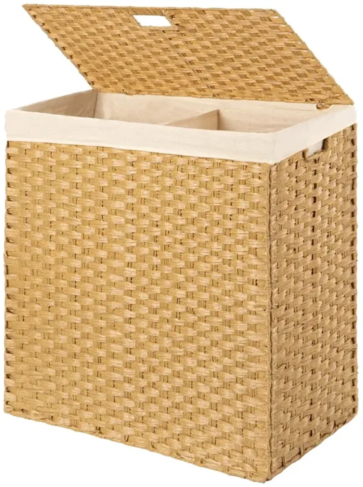 Hivvago Folding 2-Bin Natural PE Wicker Linen Liner Laundry Hamper w/ Handles