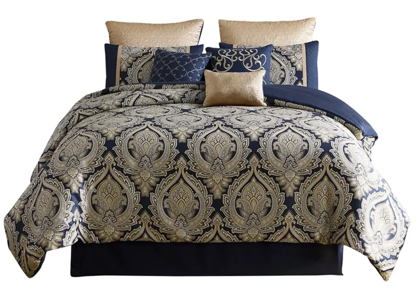 Nova 9 Piece Polyester Queen Comforter Set, Gold Damask Print, Navy Blue - Benzara