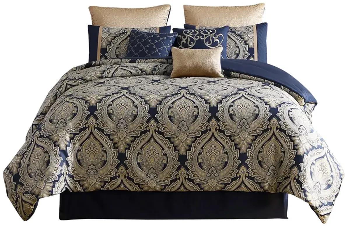 Nova 9 Piece Polyester Queen Comforter Set, Gold Damask Print, Navy Blue - Benzara