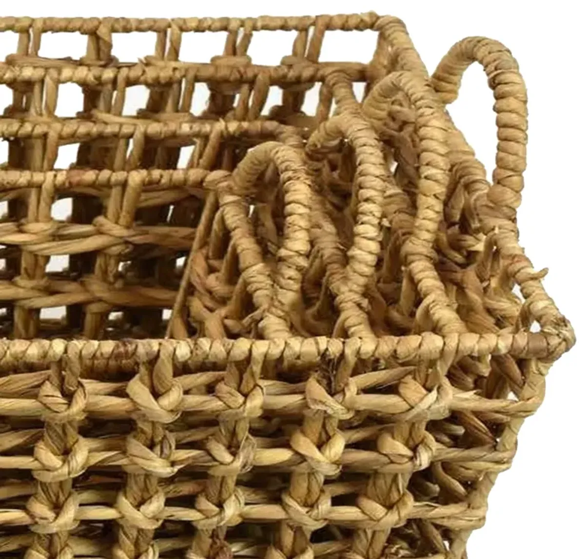 Set of 4 Storage Baskets, Intricately Woven Hyacinth Rope Handles, Brown - Benzara