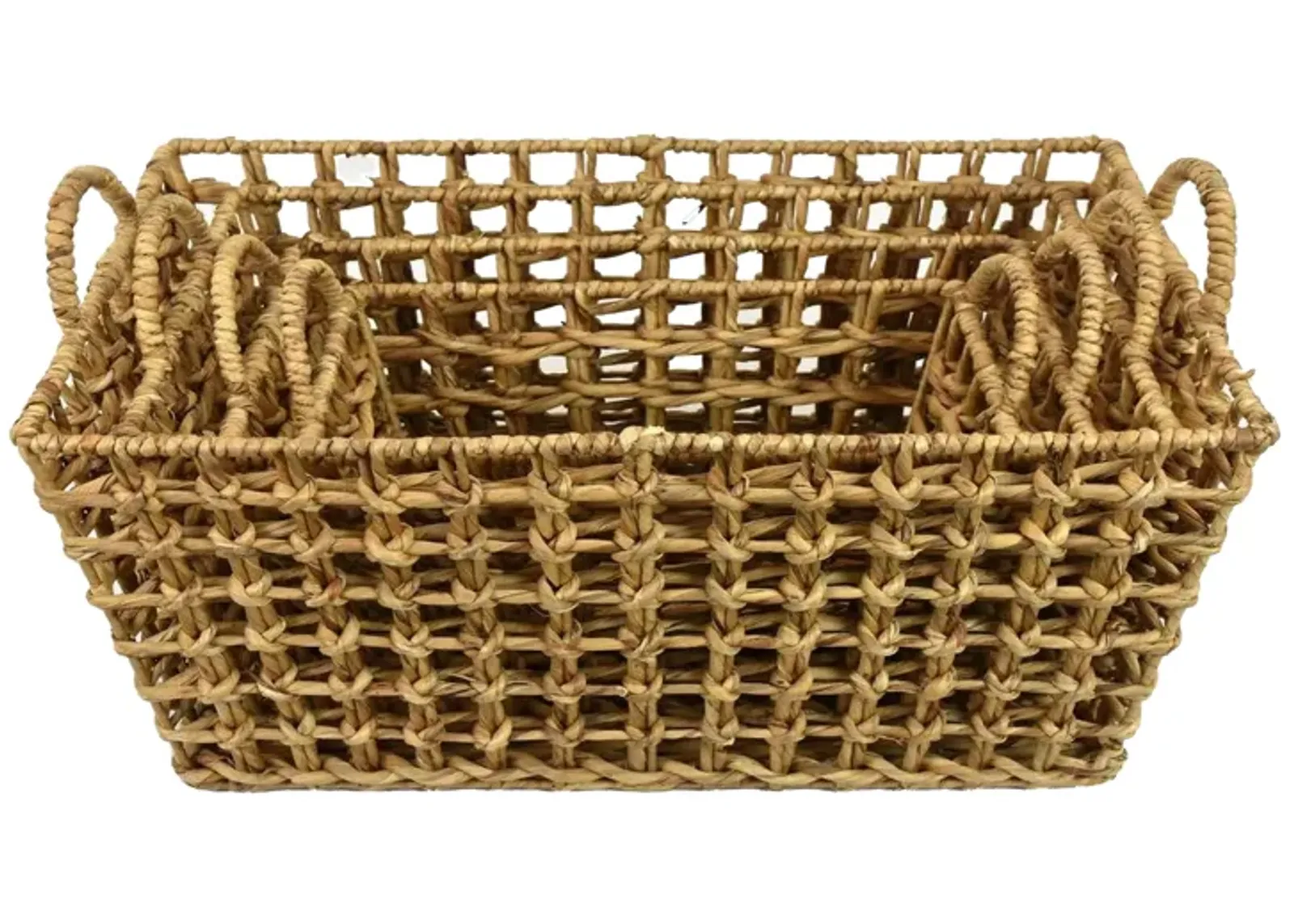 Set of 4 Storage Baskets, Intricately Woven Hyacinth Rope Handles, Brown - Benzara