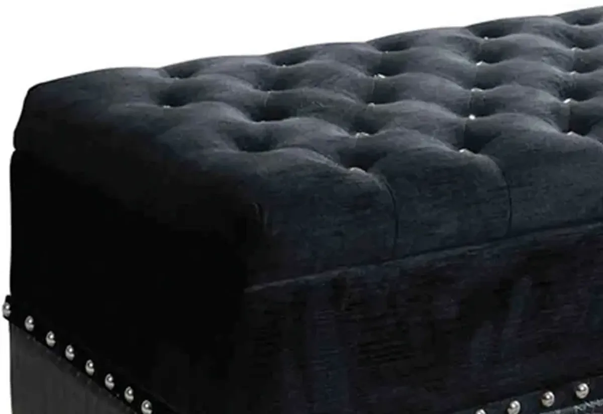 Leatherette Storage Bench with Nailhead Trims and Button Tufted Seat, Black-Benzara