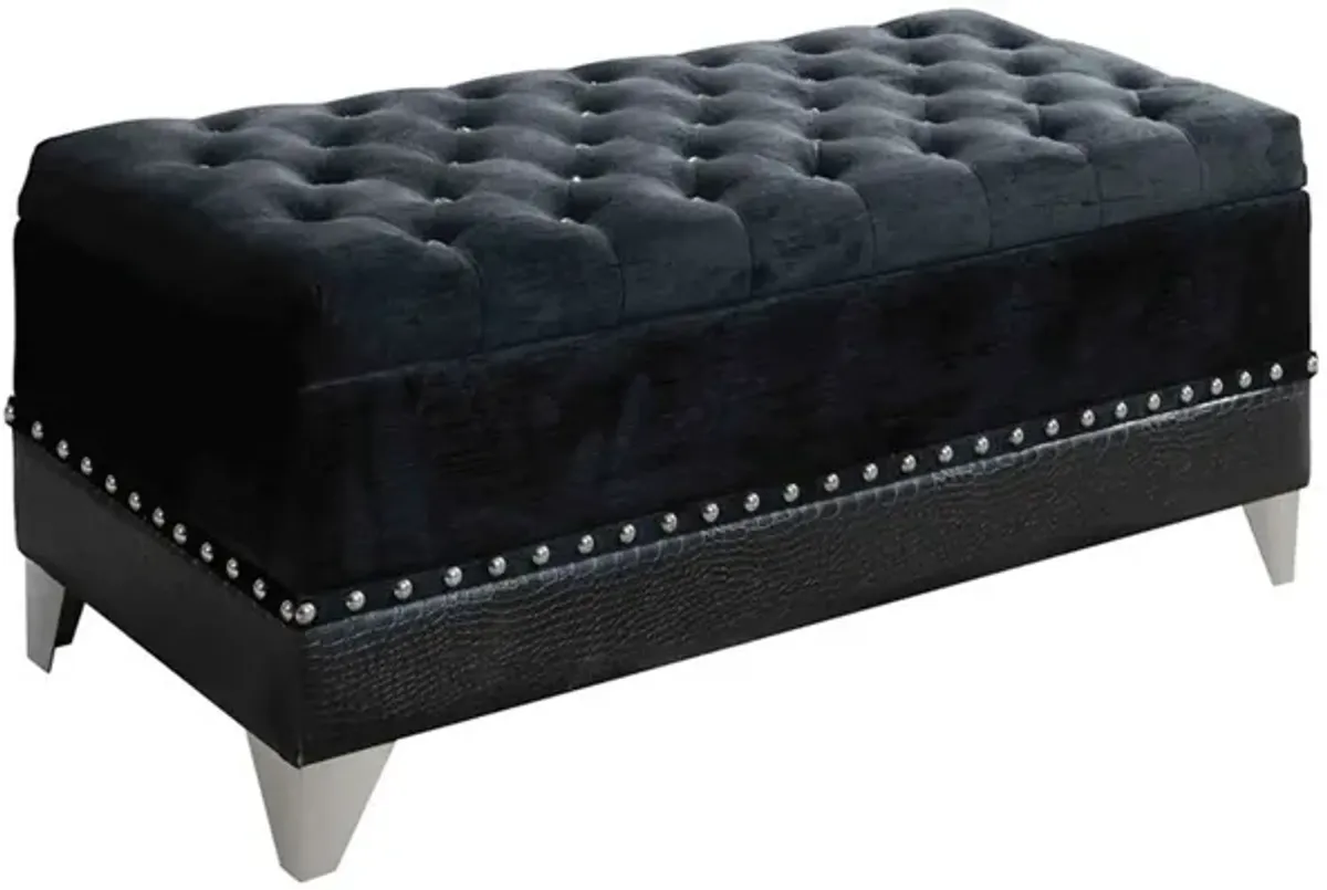 Leatherette Storage Bench with Nailhead Trims and Button Tufted Seat, Black-Benzara