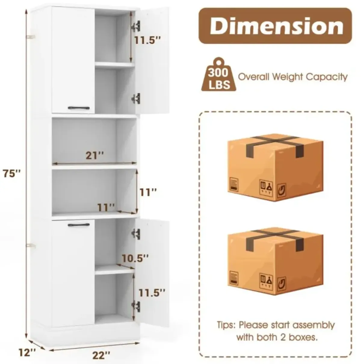 Hivvago 75 Inch Kitchen Pantry Cabinet Tall Cupboard with Doors and Shelves