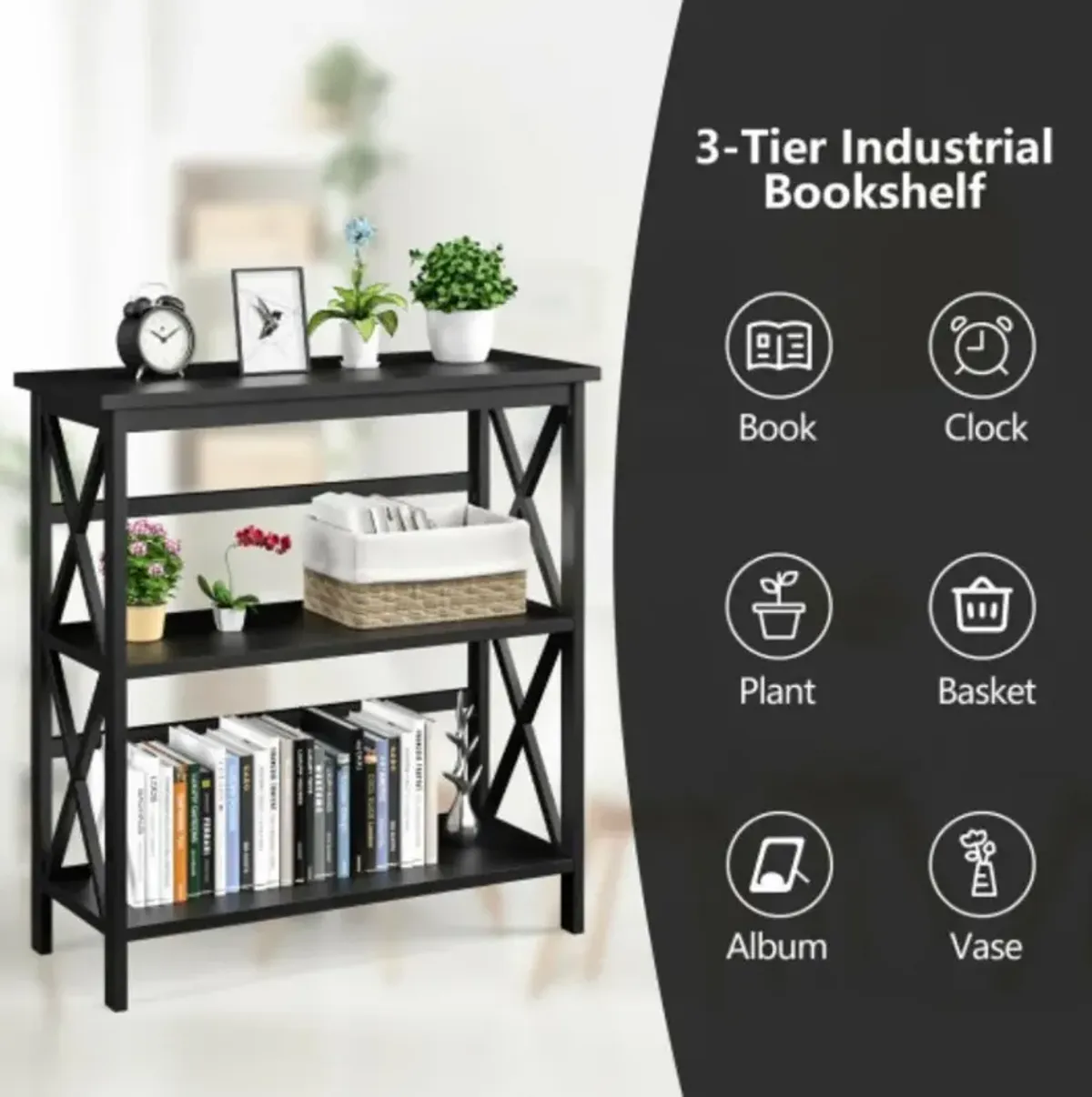 3-Tier Bookshelf Wooden Open Storage Bookcase for Home Office