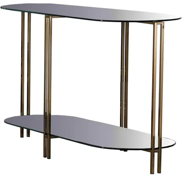 Sofa Table with Glass Top and Open Bottom Glass Shelf, Gold-Benzara