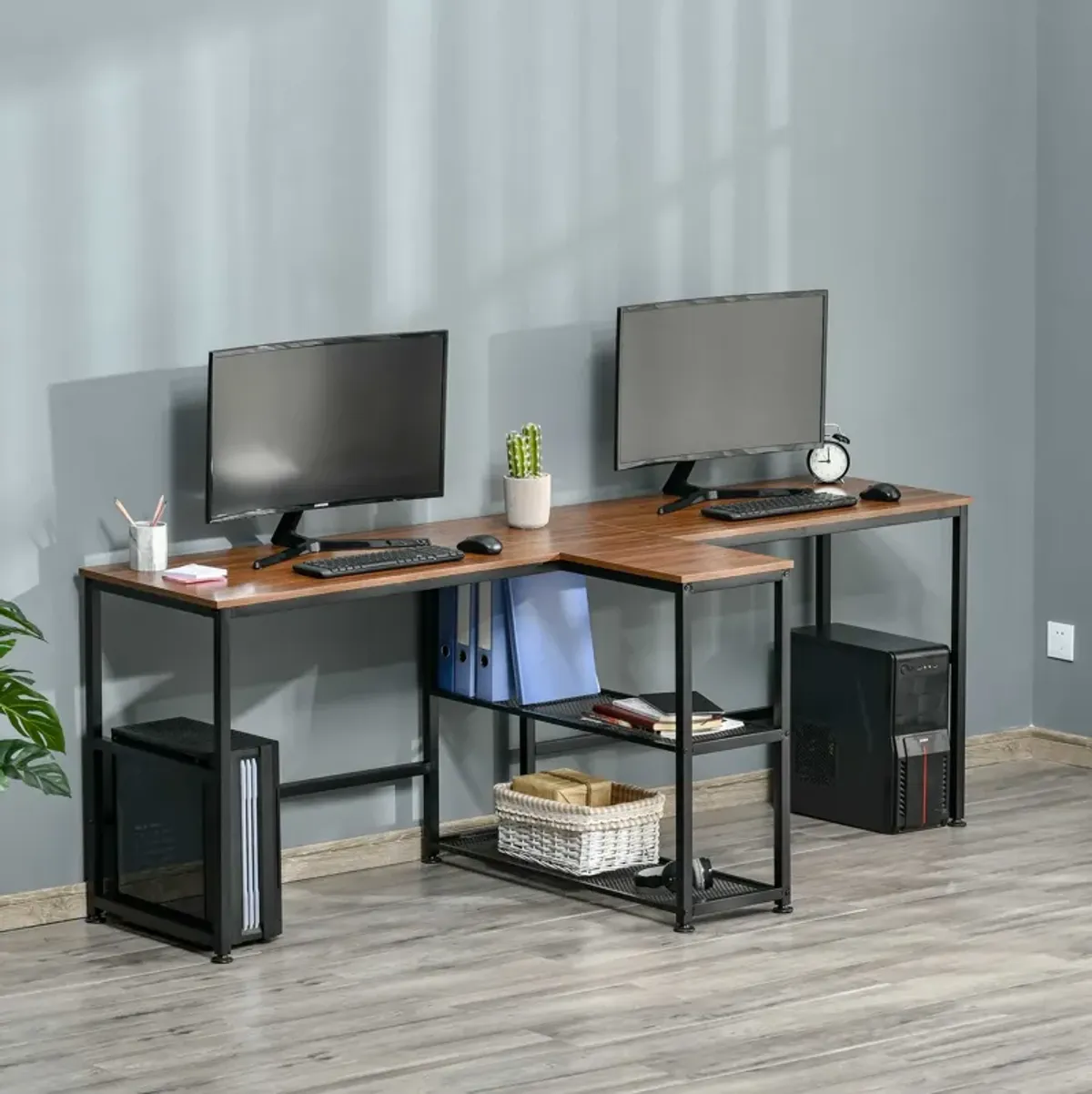 Dark Walnut Shared Workspace: 83" Two-Person Desk with Storage Shelves