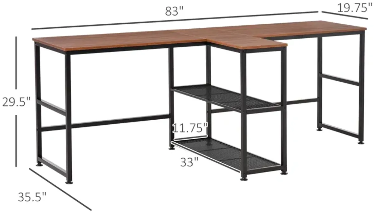 Dark Walnut Shared Workspace: 83" Two-Person Desk with Storage Shelves