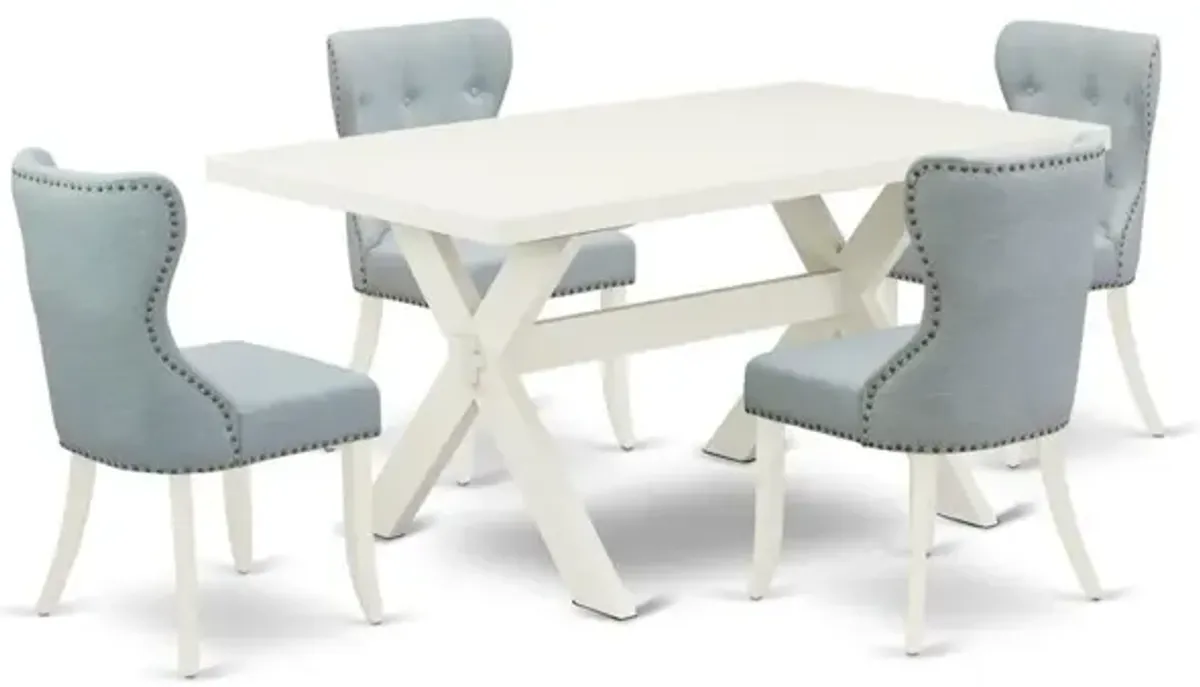 East West Furniture X026SI215-5 5-Piece Dining Set- 4 Mid Century Dining Chairs with Baby Blue Linen Fabric Seat and Button Tufted Chair Back - Rectangular Table Top & Wooden Cross Legs - Linen White