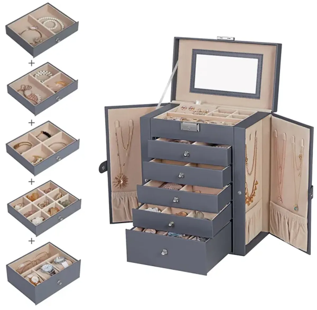 6-Tier Large Jewelry Box with Drawers, Mirror & Lock - Organizer for All Jewelry Types