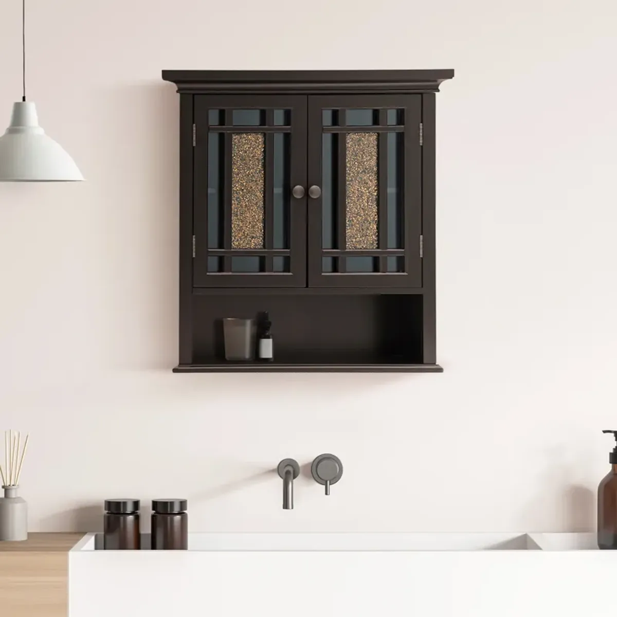 Teamson Home Windsor Removable Wooden Wall Cabinet with Glass Mosaic Doors- Dark Espresso