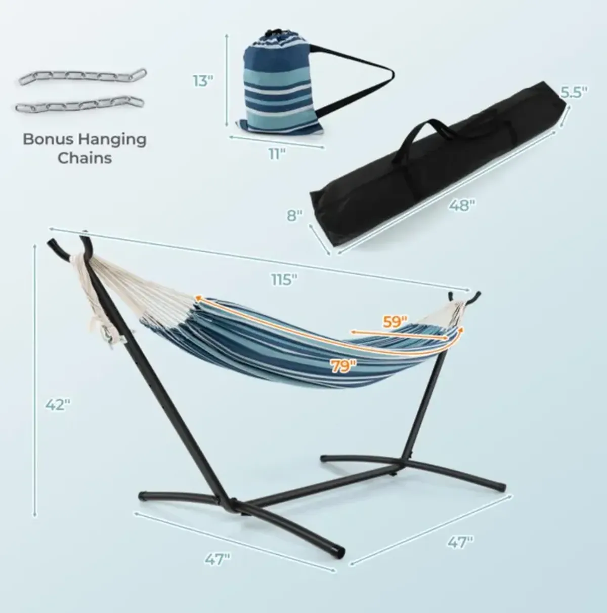 Hivvago Portable Indoor Outdoor 2-Person Double Hammock Set with Stand and Carrying Cases-Blue