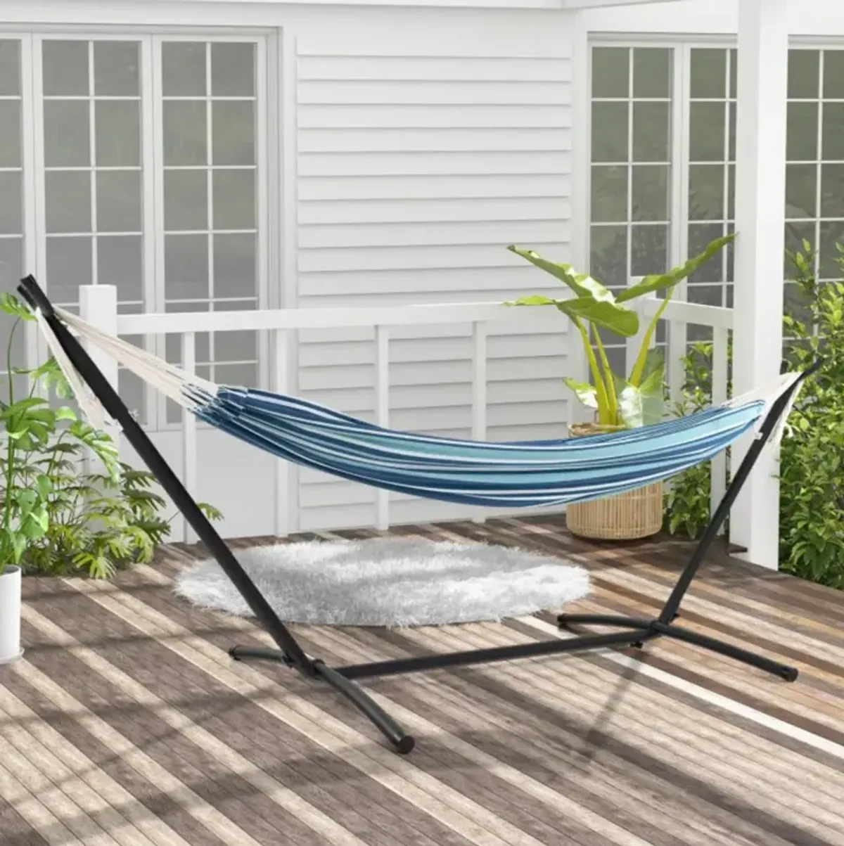 Hivvago Portable Indoor Outdoor 2-Person Double Hammock Set with Stand and Carrying Cases-Blue