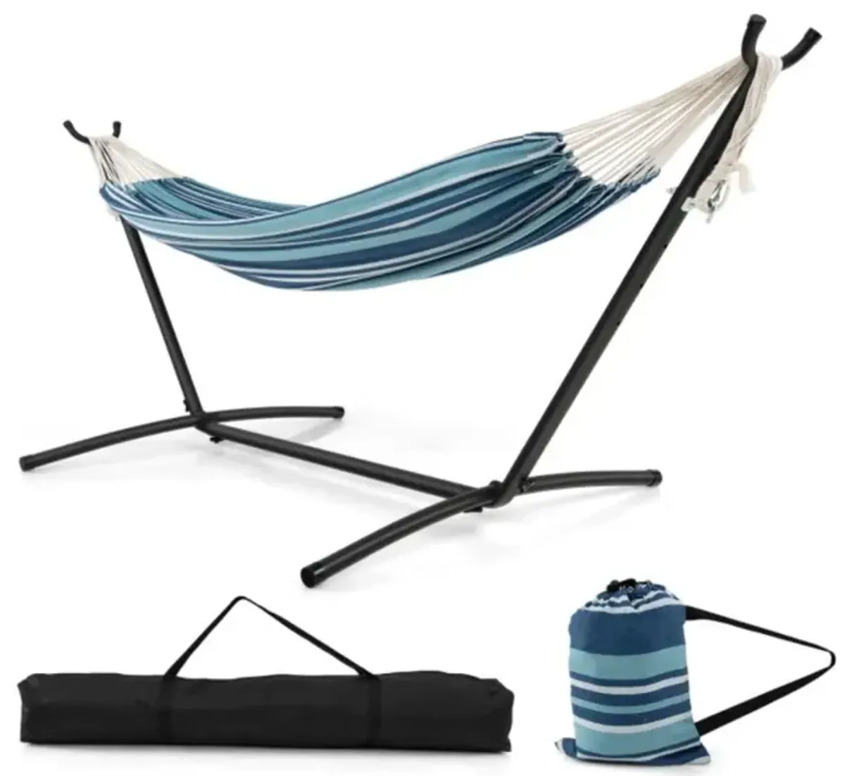 Hivvago Portable Indoor Outdoor 2-Person Double Hammock Set with Stand and Carrying Cases-Blue