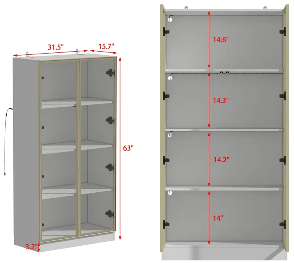 63 in. Tall White Wood 3-Shelf Bookcase Bookshelf With 3-Color LED Lights and Tempered Glass Doors