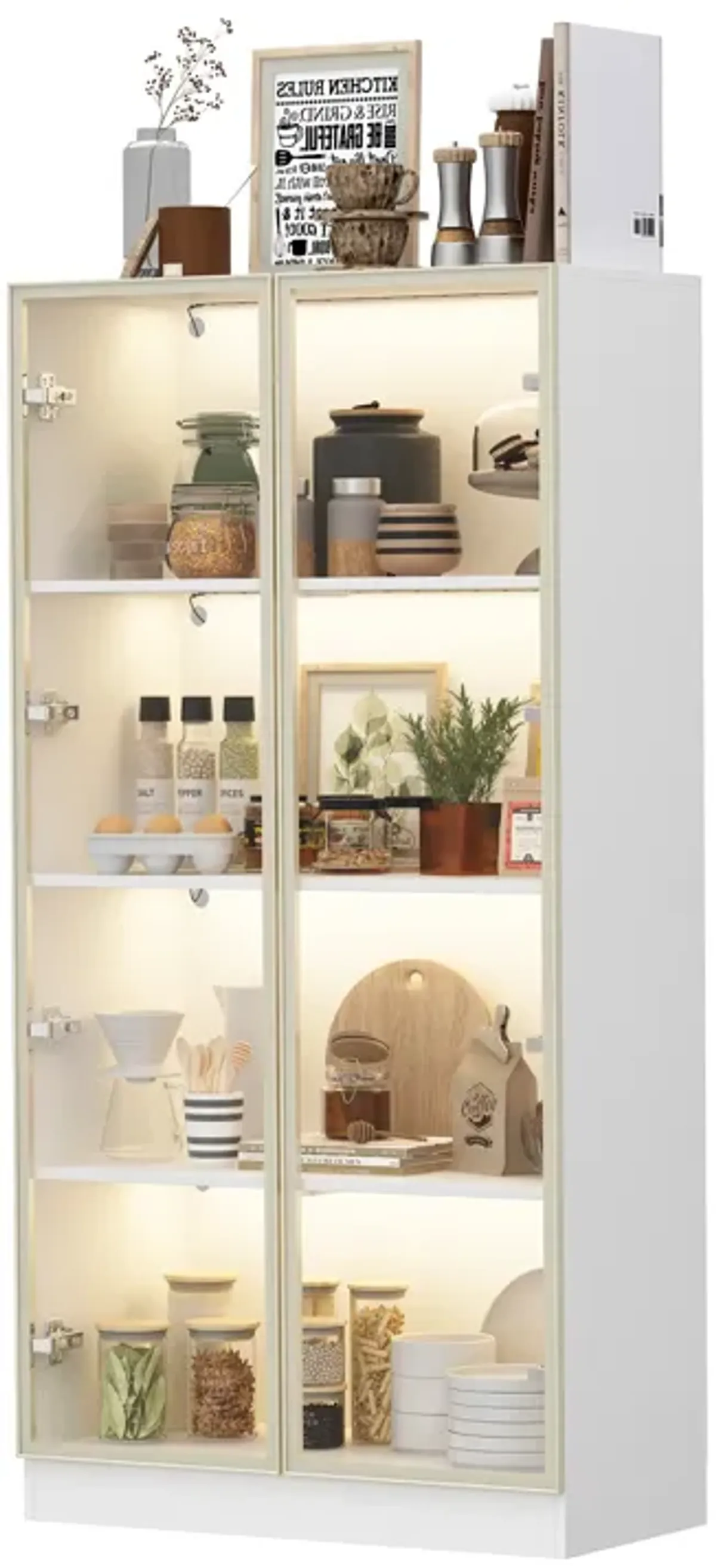 FUFU&GAGA 63 in. Tall White Wood 3-Shelf Bookcase Bookshelf With 3-Color LED Lights and Tempered Glass Doors,(31.5" W x 63" H x 15.7" D), White