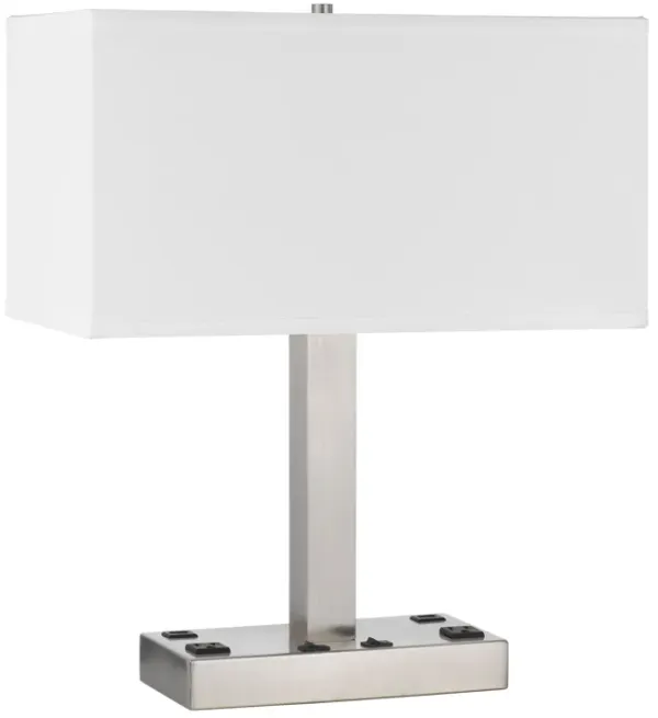 Colm Table Lamp, 2 Ports and 2 Power Outlets, Brushed Steel 21 Inch - Benzara