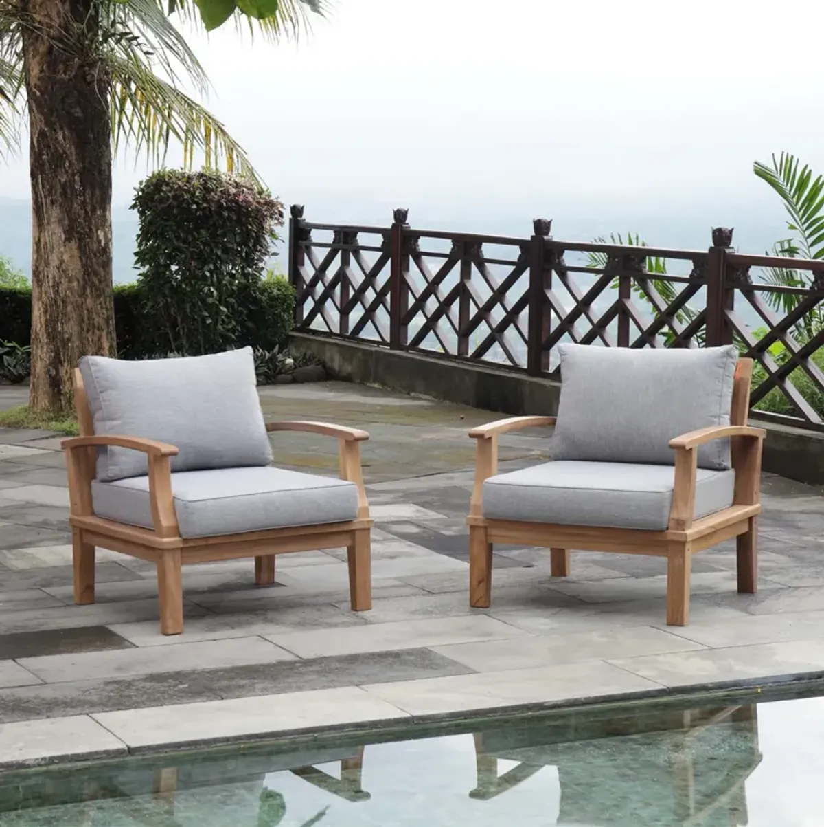 Marina Teak Wood Outdoor Patio Furniture Sofa Sectional Set - Luxury, Durable, Weather-Resistant, Modern Design - Includes 2 Armchairs