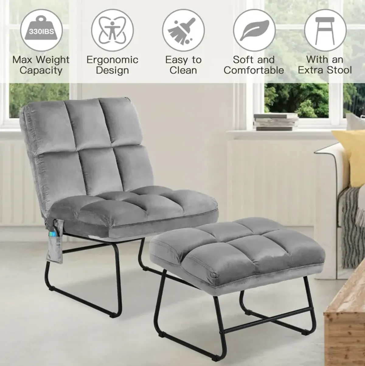 Velvet Massage Recliners with Ottoman Remote Control and Side Pocket