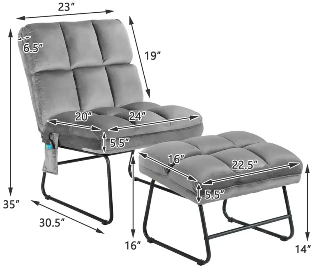 Velvet Massage Recliners with Ottoman Remote Control and Side Pocket