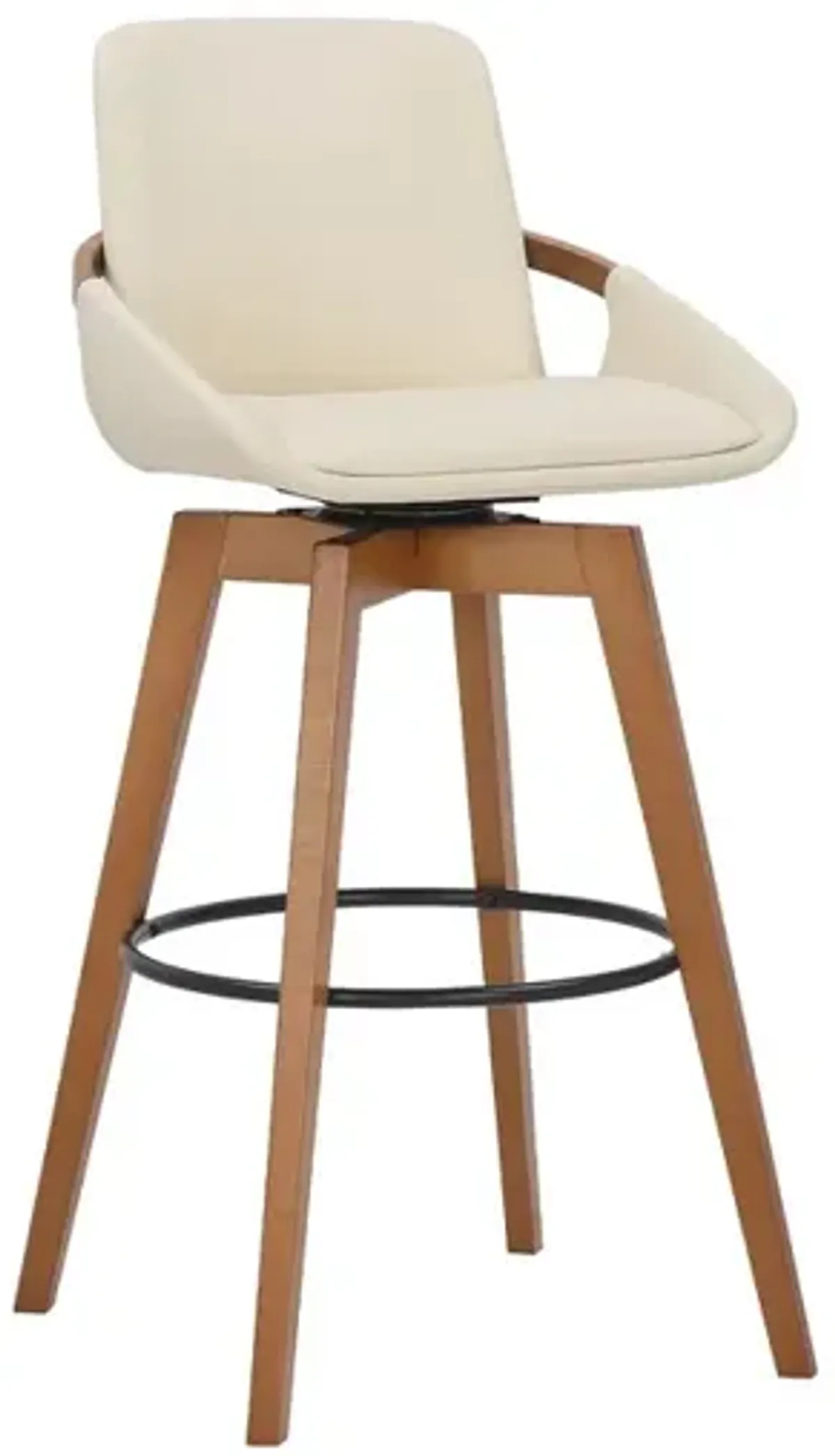 30 Inch Leatherette Swivel Barstool, Cream and Walnut - Benzara